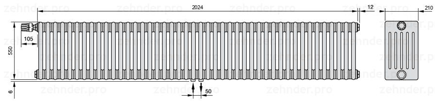 Схема (чертеж) Радиатор Zehnder Charleston 6055/44 №V007 Белый глянцевый RAL 9016